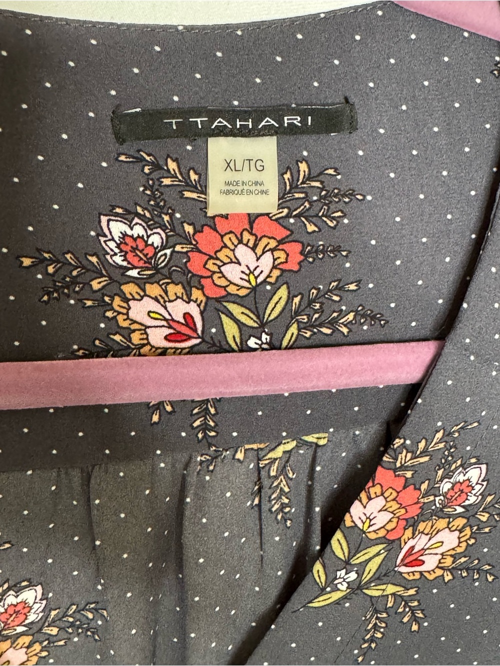 T Tahari XL Floral Polka Dot Button Front Blouse Smocked Ruffle Sleeve - Picture 5 of 6